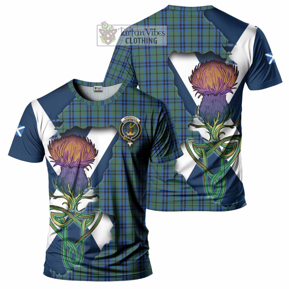 Tartan Vibes Clothing Marshall Tartan Family Crest T-Shirt Scottish Thistle Celtic Inspired