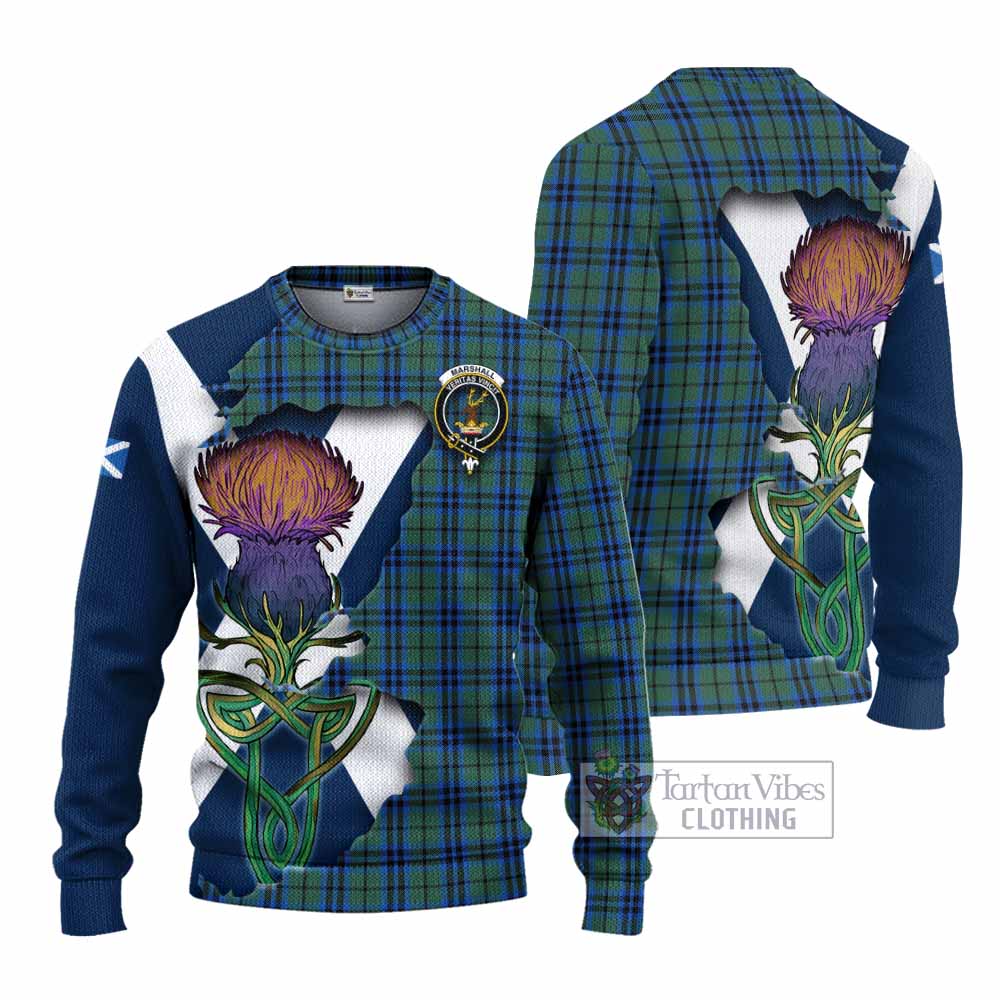 Tartan Vibes Clothing Marshall Tartan Family Crest Knitted Sweater Scottish Thistle Celtic Inspired