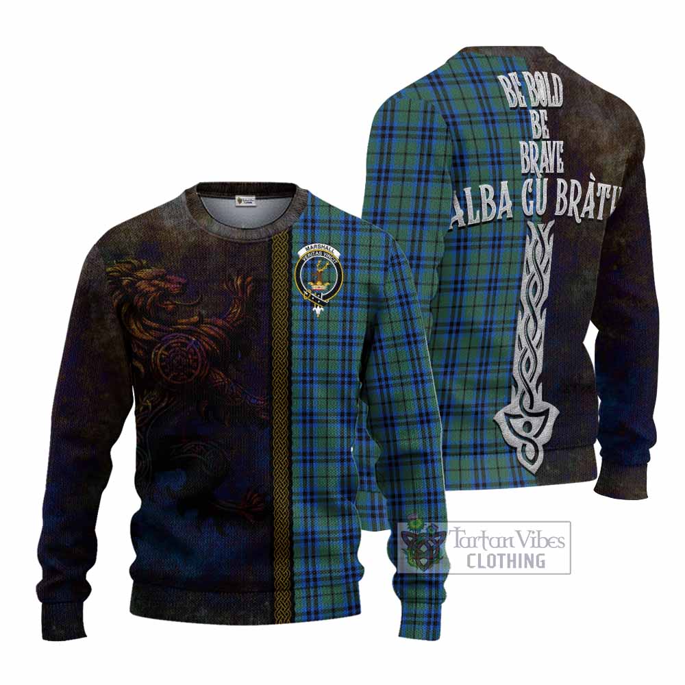 Tartan Vibes Clothing Marshall Tartan Family Crest Knitted Sweater Alba Gu Brath Be Brave Lion Ancient Style