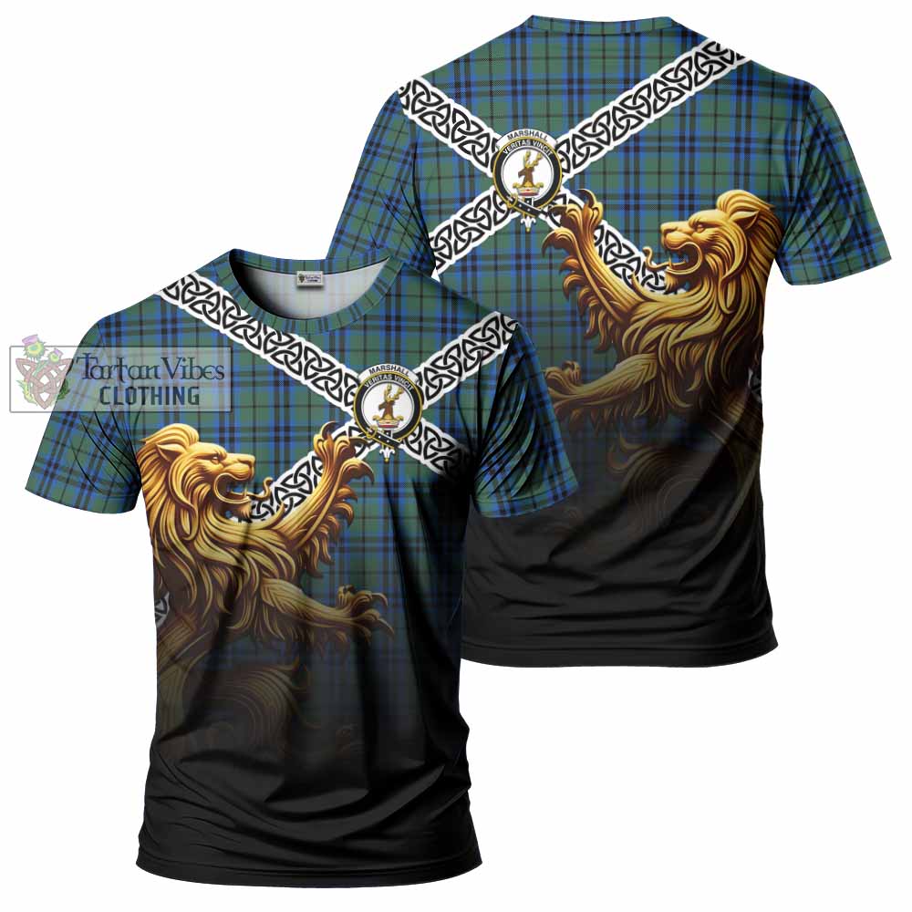 Tartan Vibes Clothing Marshall Crest Tartan T-Shirt with Golden Lion Emblem Celtic Style