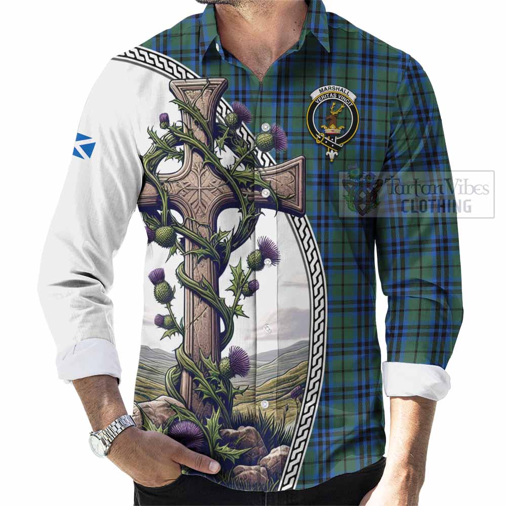 Tartan Vibes Clothing Marshall Tartan Long Sleeve Button Shirt with Family Crest and St. Andrew's Cross Accented by Thistle Vines