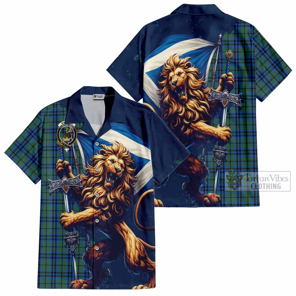 Tartan Vibes Clothing Marshall Tartan Family Crest Short Sleeve Button Shirt with Scottish Majestic Lion