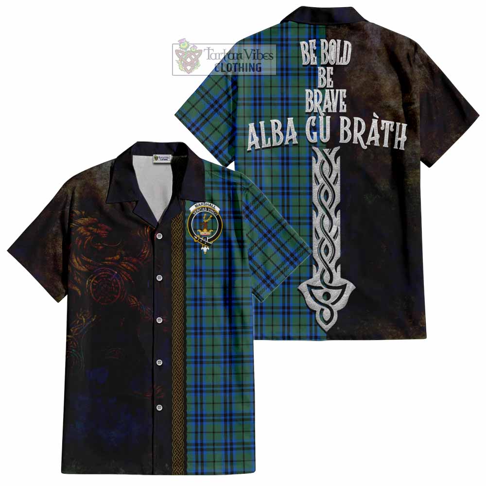 Tartan Vibes Clothing Marshall Tartan Family Crest Short Sleeve Button Shirt Alba Gu Brath Be Brave Lion Ancient Style