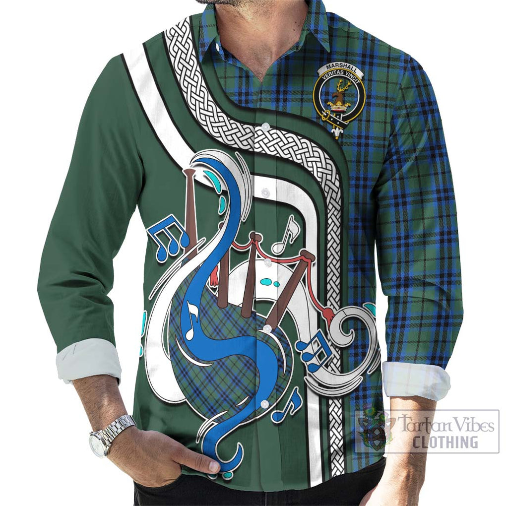 Marshall Tartan Long Sleeve Button Shirt with Epic Bagpipe Style - Tartanvibesclothing Shop