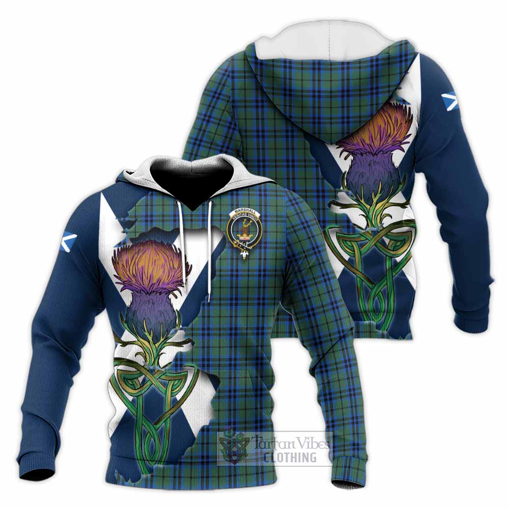 Tartan Vibes Clothing Marshall Tartan Family Crest Knitted Hoodie Scottish Thistle Celtic Inspired