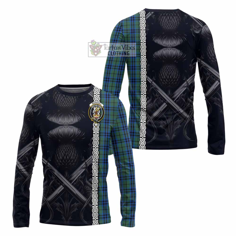 Tartan Vibes Clothing Marshall Tartan Long Sleeve T-Shirt with Family Crest Cross Sword Thistle Celtic Vibes