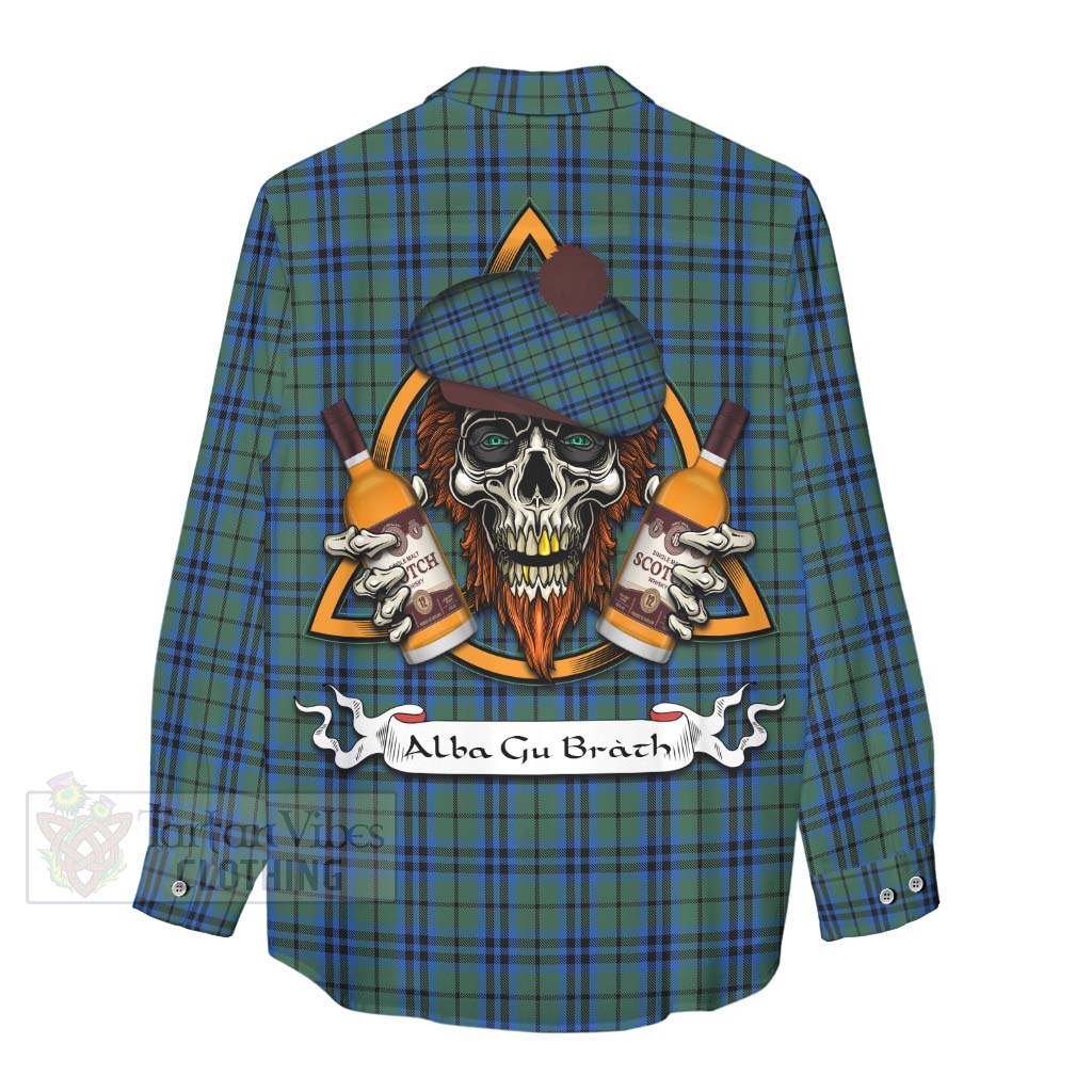 Tartan Vibes Clothing Marshall Tartan Women's Casual Shirt with Family Crest and Bearded Skull Holding Bottles of Whiskey
