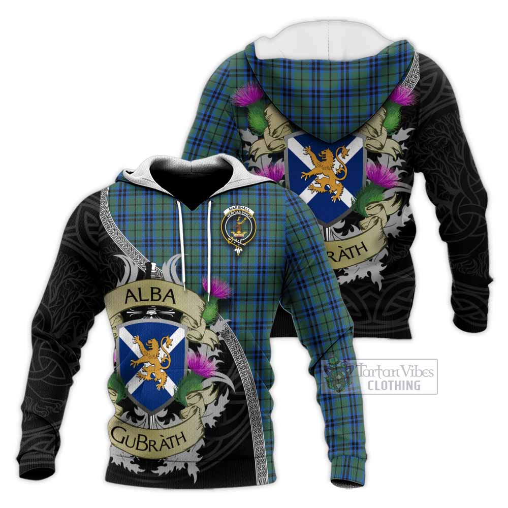 Tartan Vibes Clothing Marshall Tartan Family Crest Knitted Hoodie Lion Rampant Royal Thistle Shield Celtic Inspired