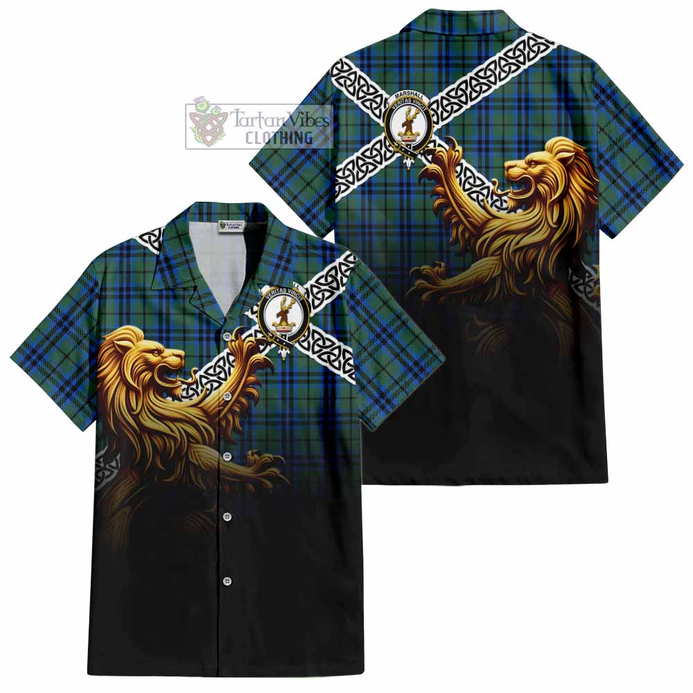 Tartan Vibes Clothing Marshall Crest Tartan Short Sleeve Button Shirt with Golden Lion Emblem Celtic Style