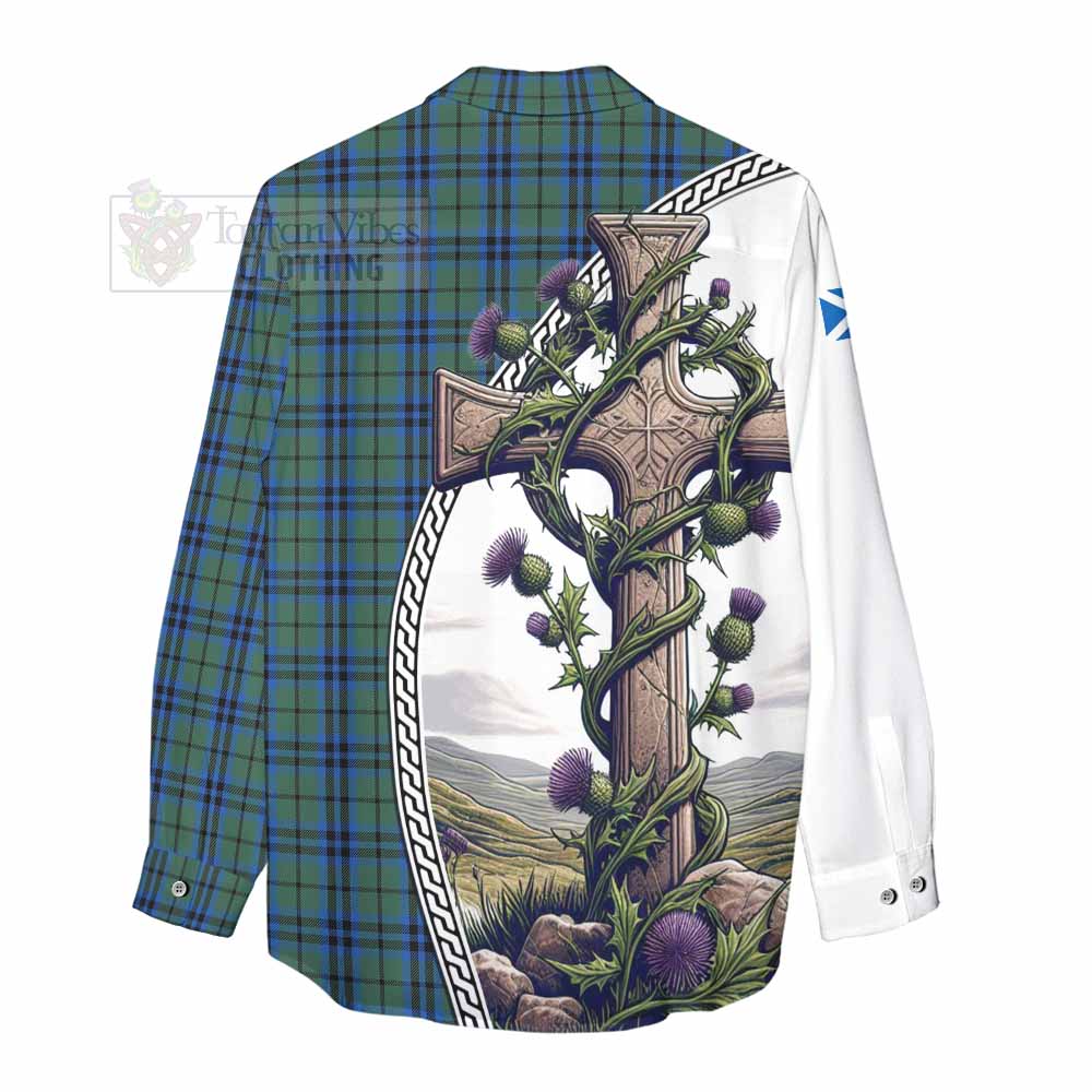 Tartan Vibes Clothing Marshall Tartan Women's Casual Shirt with Family Crest and St. Andrew's Cross Accented by Thistle Vines