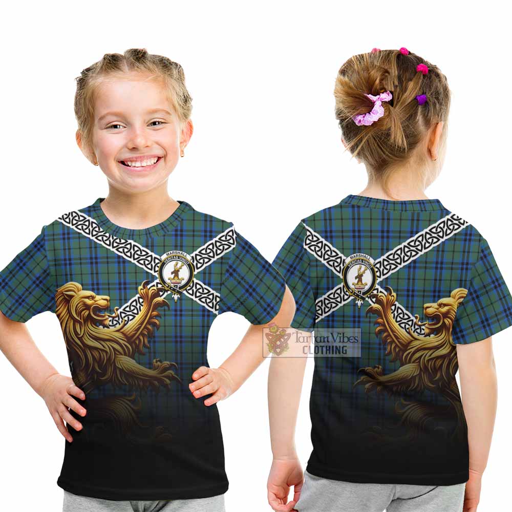 Tartan Vibes Clothing Marshall Crest Tartan Kid T-Shirt with Golden Lion Emblem Celtic Style