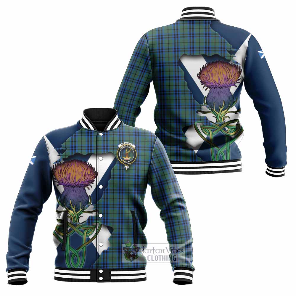 Tartan Vibes Clothing Marshall Tartan Family Crest Baseball Jacket Scottish Thistle Celtic Inspired