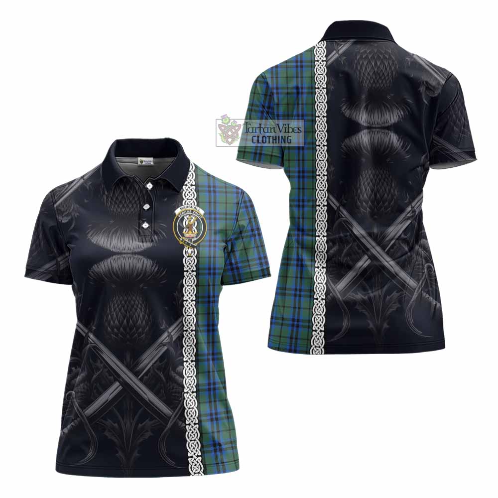 Tartan Vibes Clothing Marshall Tartan Women's Polo Shirt with Family Crest Cross Sword Thistle Celtic Vibes