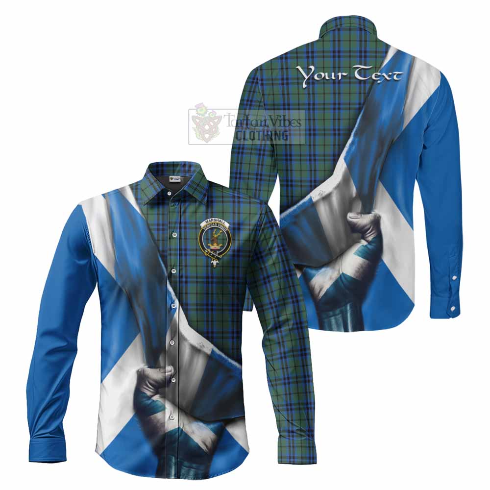 Tartan Vibes Clothing Marshall Tartan Long Sleeve Button Shirt with Family Crest Scotland Patriotic Style