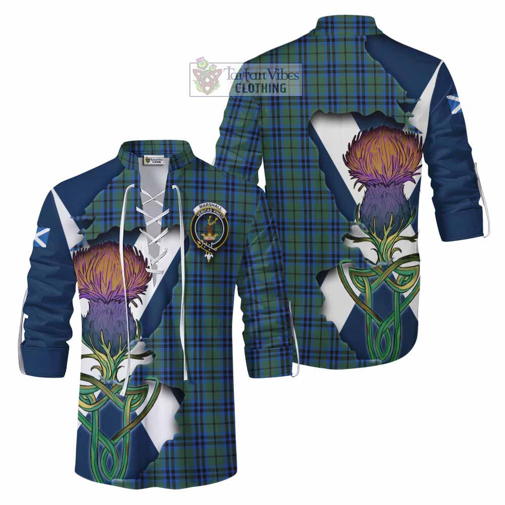 Tartan Vibes Clothing Marshall Tartan Family Crest Ghillie Kilt Shirt Scottish Thistle Celtic Inspired