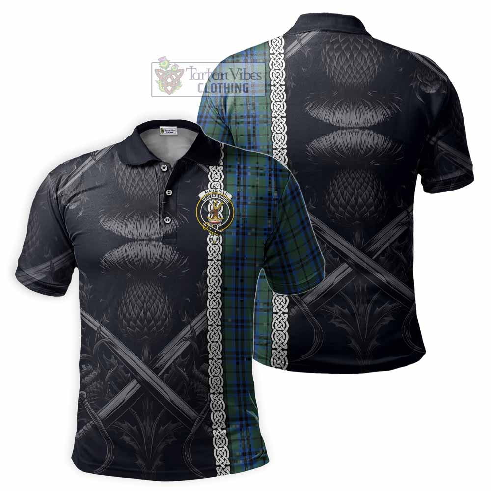 Tartan Vibes Clothing Marshall Tartan Polo Shirt with Family Crest Cross Sword Thistle Celtic Vibes