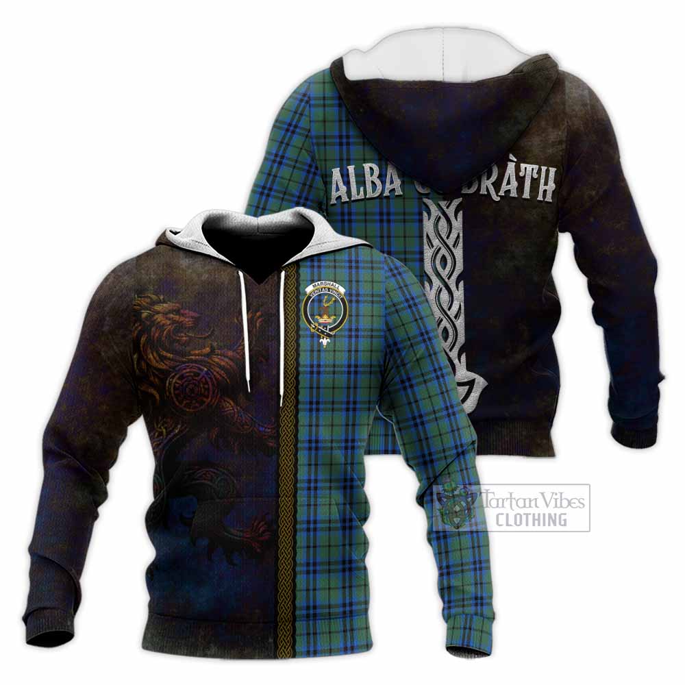 Tartan Vibes Clothing Marshall Tartan Family Crest Knitted Hoodie Alba Gu Brath Be Brave Lion Ancient Style