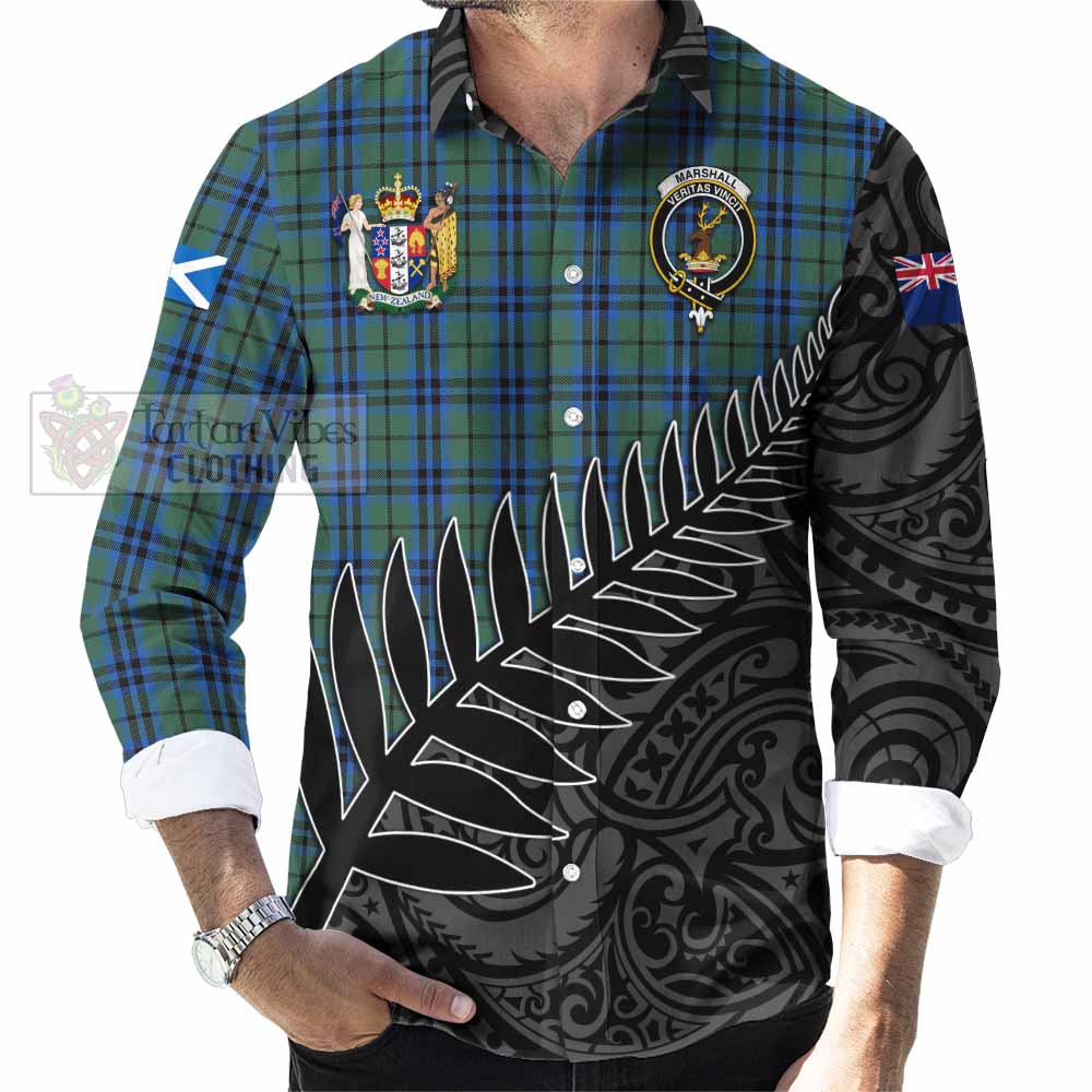 Tartan Vibes Clothing Marshall Crest Tartan Long Sleeve Button Shirt with New Zealand Silver Fern Half Style