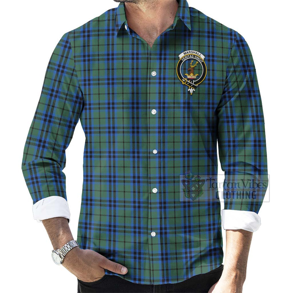 Tartan Vibes Clothing Marshall Tartan Long Sleeve Button Shirt with Family Crest Celtic Skull Style