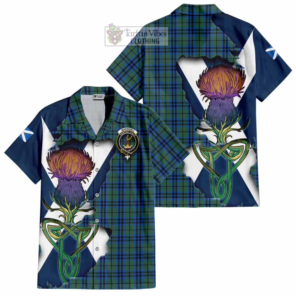 Tartan Vibes Clothing Marshall Tartan Family Crest Short Sleeve Button Shirt Scottish Thistle Celtic Inspired