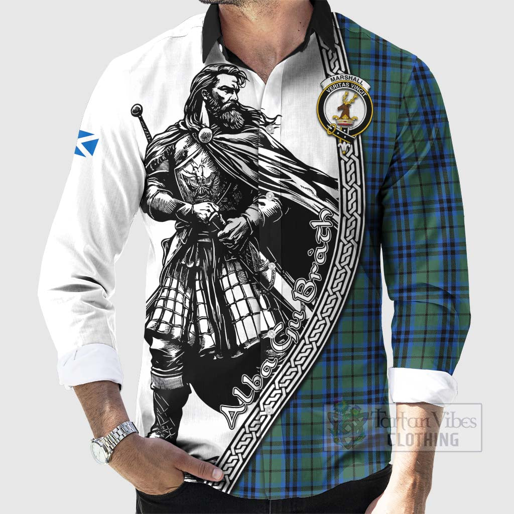 Tartan Vibes Clothing Marshall Tartan Clan Crest Long Sleeve Button Shirt with Highlander Warrior Celtic Style