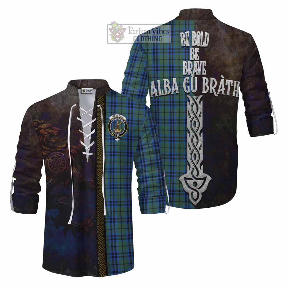 Tartan Vibes Clothing Marshall Tartan Family Crest Ghillie Kilt Shirt Alba Gu Brath Be Brave Lion Ancient Style