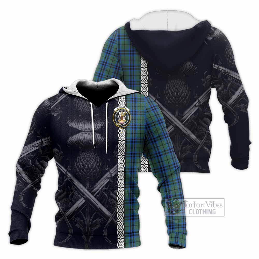 Tartan Vibes Clothing Marshall Tartan Knitted Hoodie with Family Crest Cross Sword Thistle Celtic Vibes