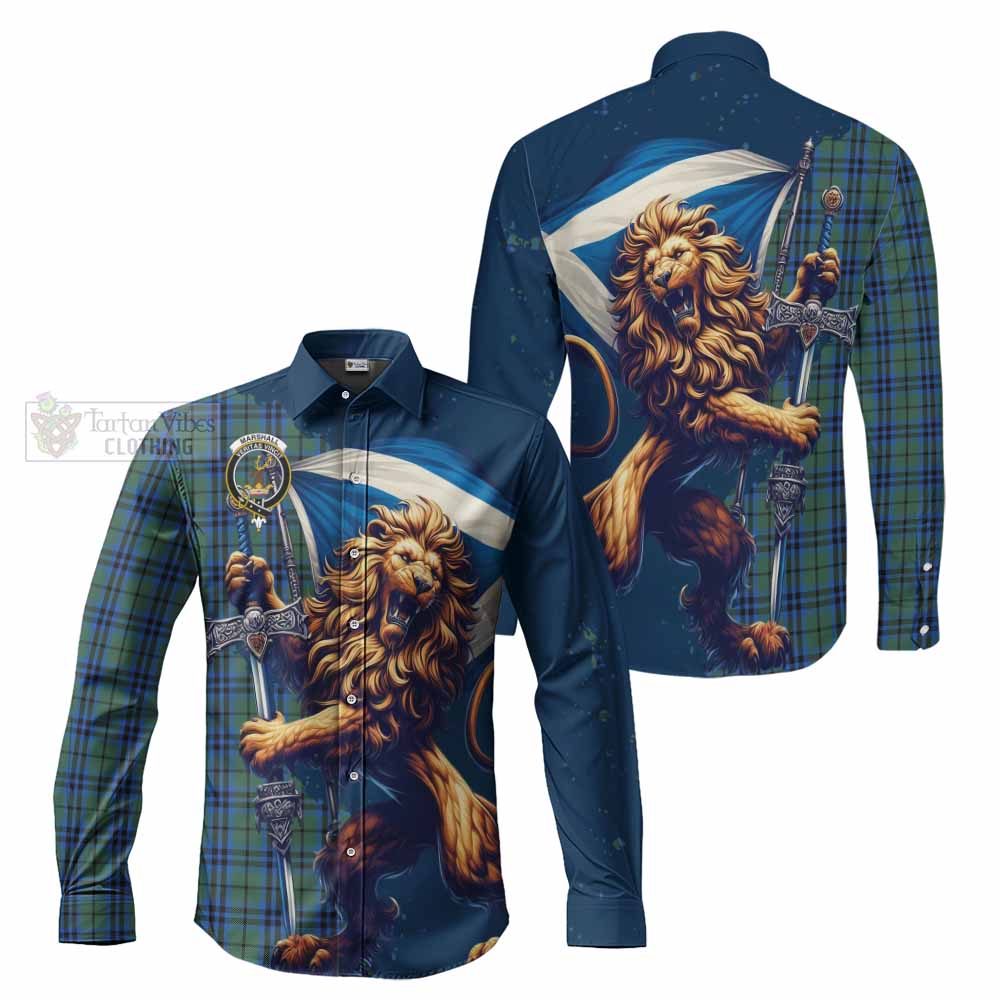 Tartan Vibes Clothing Marshall Tartan Family Crest Long Sleeve Button Shirt with Scottish Majestic Lion