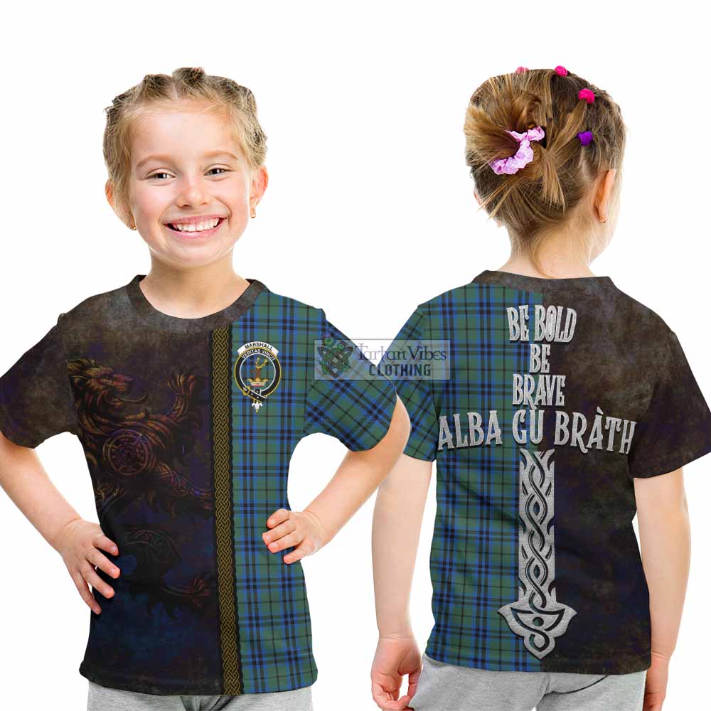 Tartan Vibes Clothing Marshall Tartan Family Crest Kid T-Shirt Alba Gu Brath Be Brave Lion Ancient Style