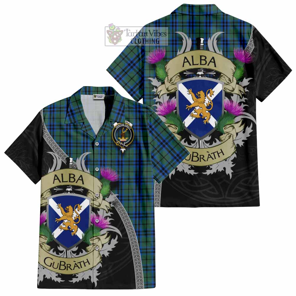 Tartan Vibes Clothing Marshall Tartan Family Crest Short Sleeve Button Shirt Lion Rampant Royal Thistle Shield Celtic Inspired