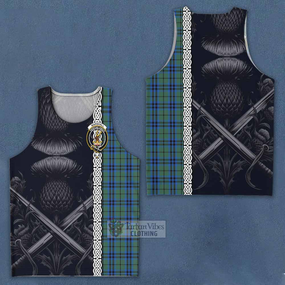 Tartan Vibes Clothing Marshall Tartan Men's Tank Top with Family Crest Cross Sword Thistle Celtic Vibes