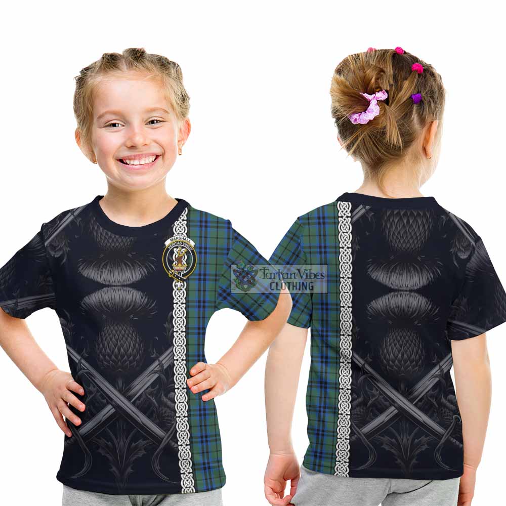 Tartan Vibes Clothing Marshall Tartan Kid T-Shirt with Family Crest Cross Sword Thistle Celtic Vibes