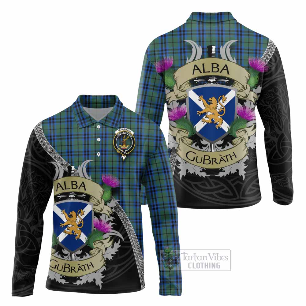 Tartan Vibes Clothing Marshall Tartan Family Crest Long Sleeve Polo Shirt Lion Rampant Royal Thistle Shield Celtic Inspired