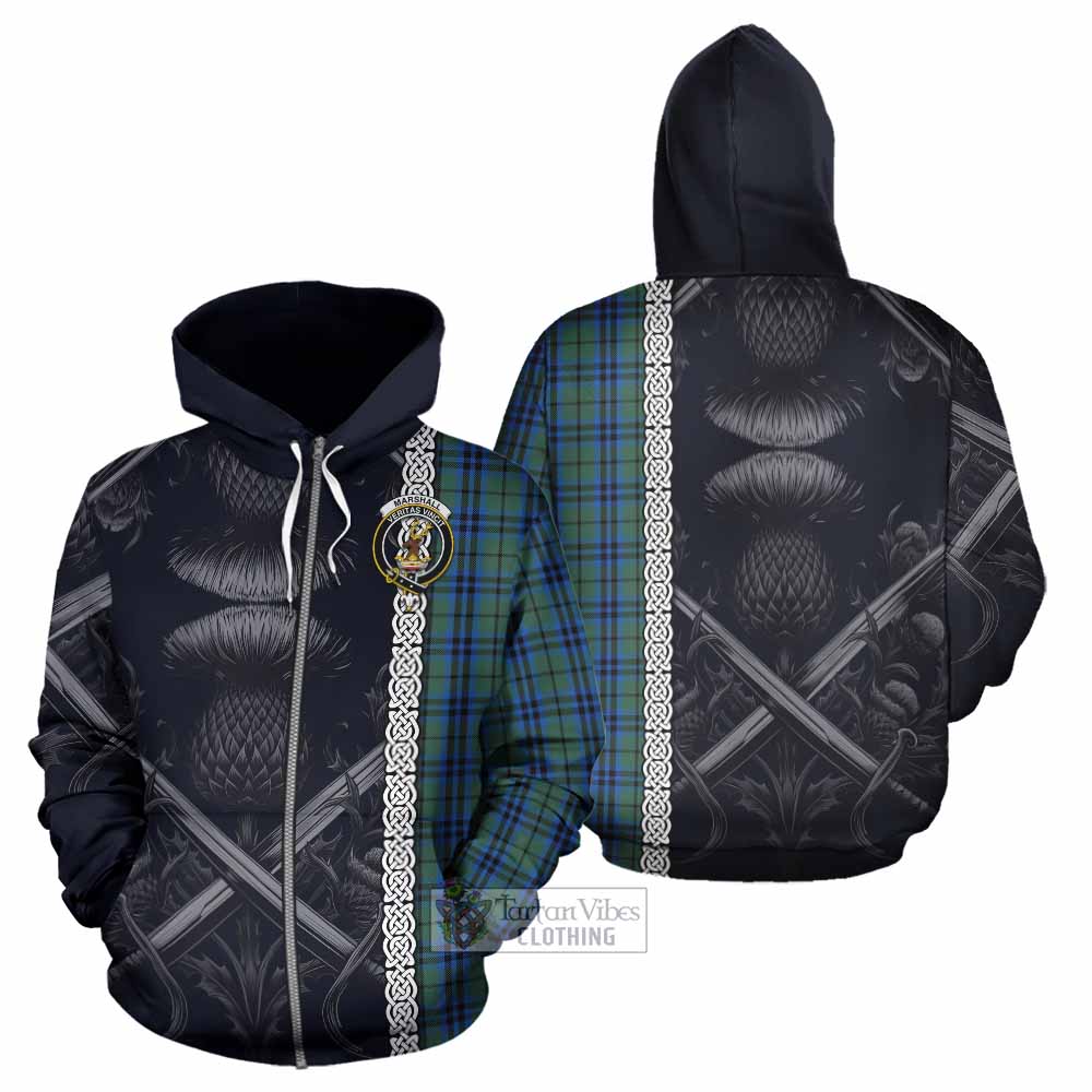 Tartan Vibes Clothing Marshall Tartan Hoodie with Family Crest Cross Sword Thistle Celtic Vibes