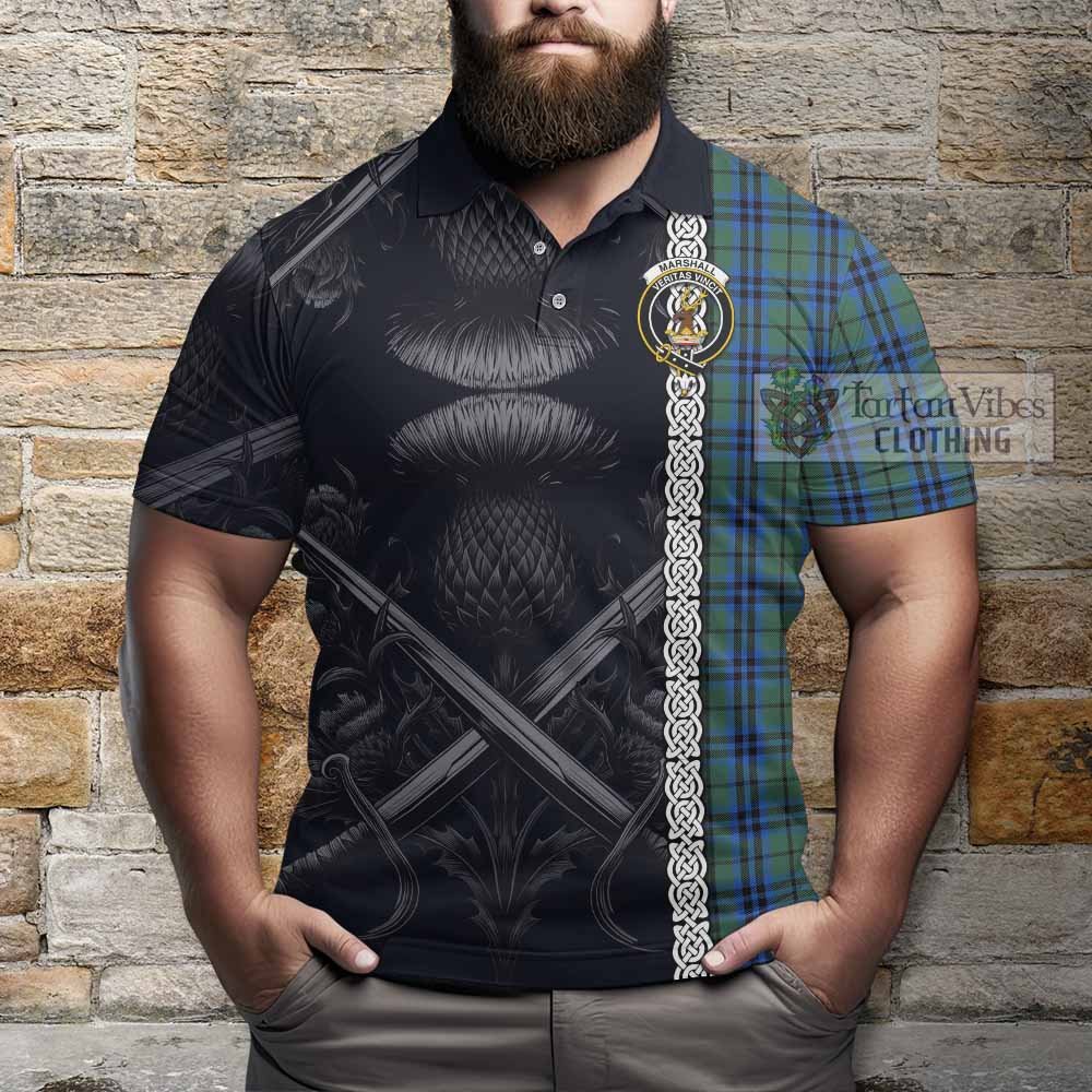Tartan Vibes Clothing Marshall Tartan Polo Shirt with Family Crest Cross Sword Thistle Celtic Vibes