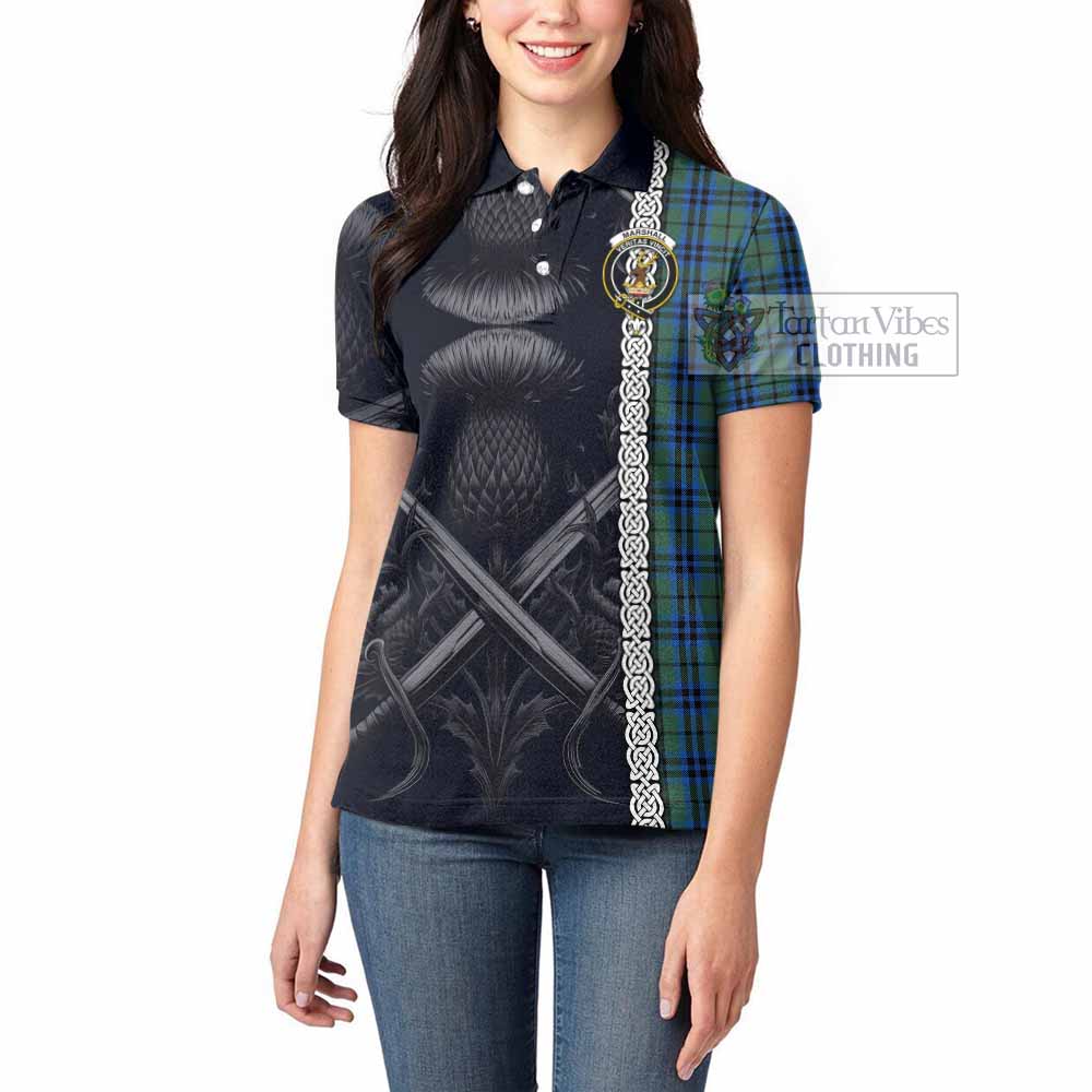 Tartan Vibes Clothing Marshall Tartan Women's Polo Shirt with Family Crest Cross Sword Thistle Celtic Vibes