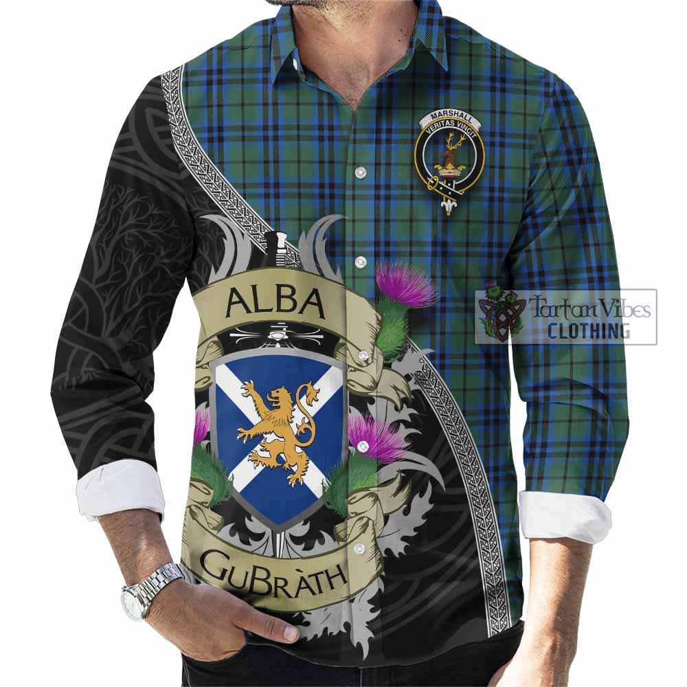 Tartan Vibes Clothing Marshall Tartan Family Crest Long Sleeve Button Shirt Lion Rampant Royal Thistle Shield Celtic Inspired