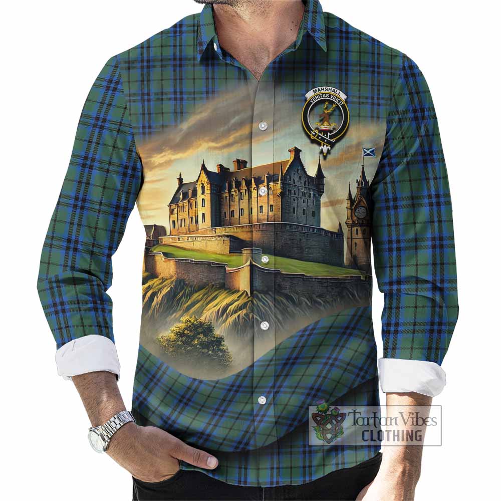 Tartan Vibes Clothing Marshall Tartan Family Crest Long Sleeve Button Shirt with Scottish Ancient Castle Style