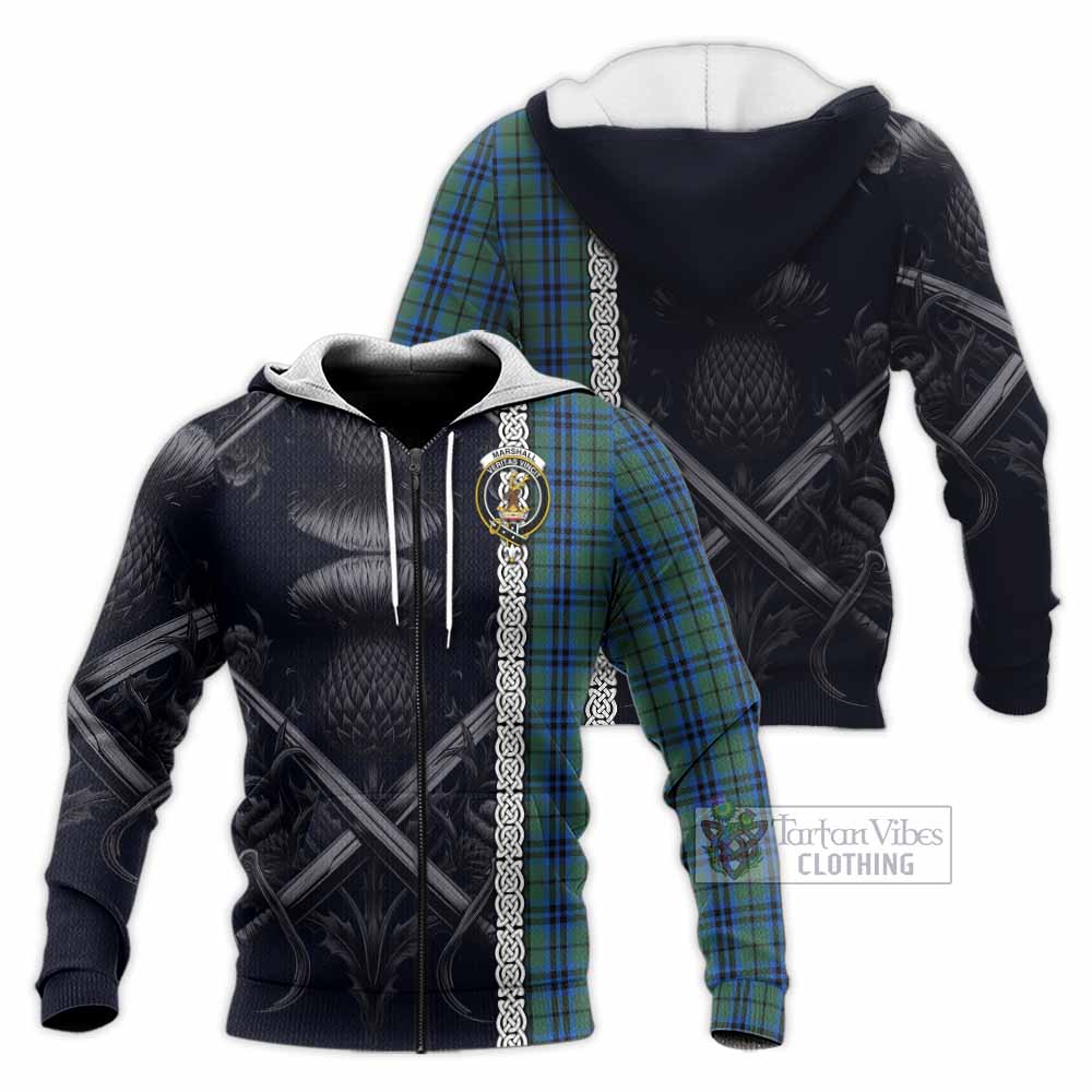 Tartan Vibes Clothing Marshall Tartan Knitted Hoodie with Family Crest Cross Sword Thistle Celtic Vibes