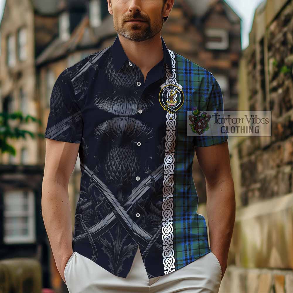 Tartan Vibes Clothing Marshall Tartan Short Sleeve Button Shirt with Family Crest Cross Sword Thistle Celtic Vibes