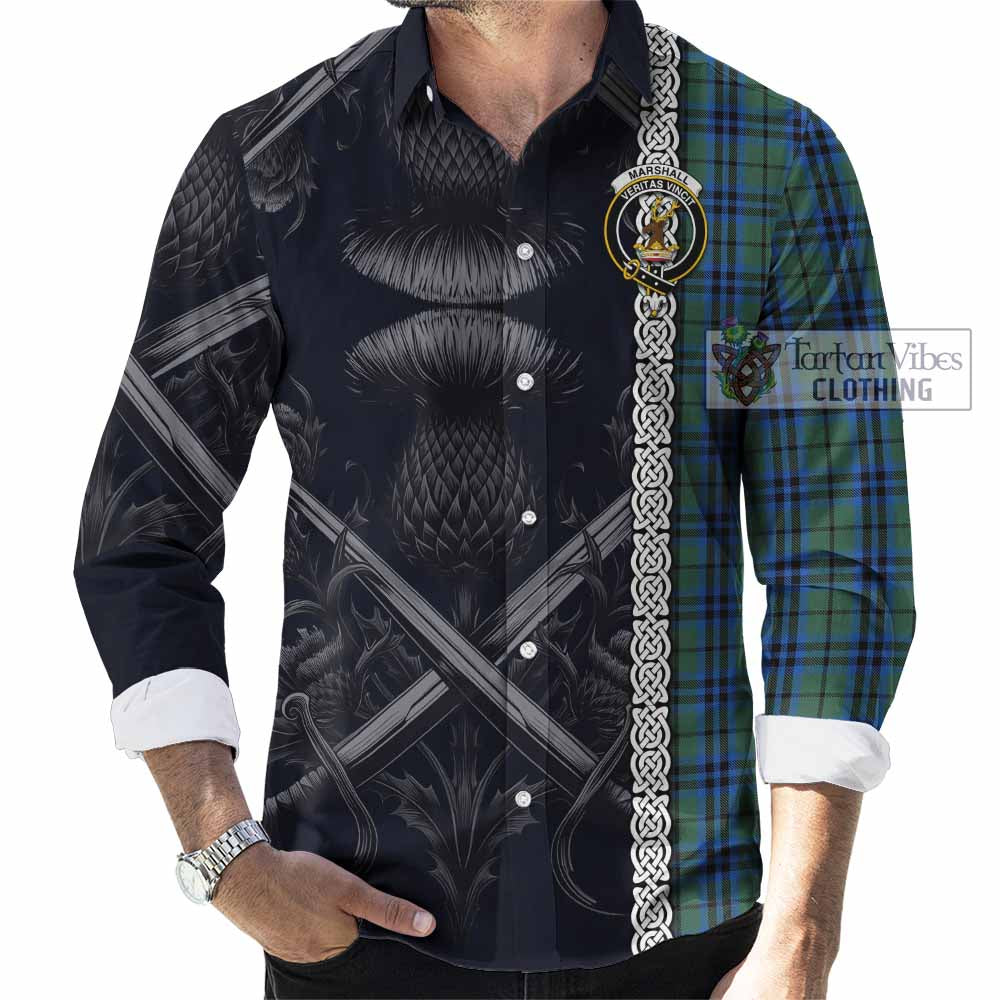 Tartan Vibes Clothing Marshall Tartan Long Sleeve Button Shirt with Family Crest Cross Sword Thistle Celtic Vibes