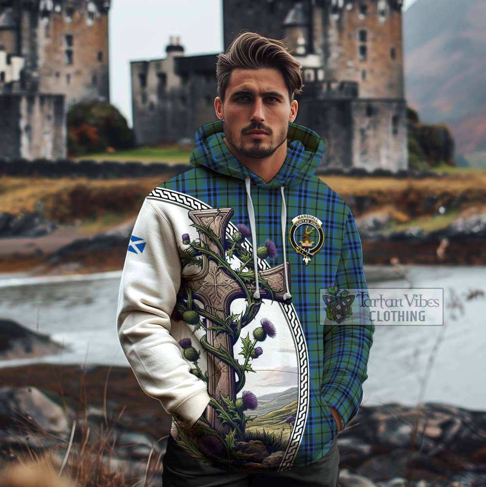 Tartan Vibes Clothing Marshall Tartan Cotton Hoodie with Family Crest and St. Andrew's Cross Accented by Thistle Vines