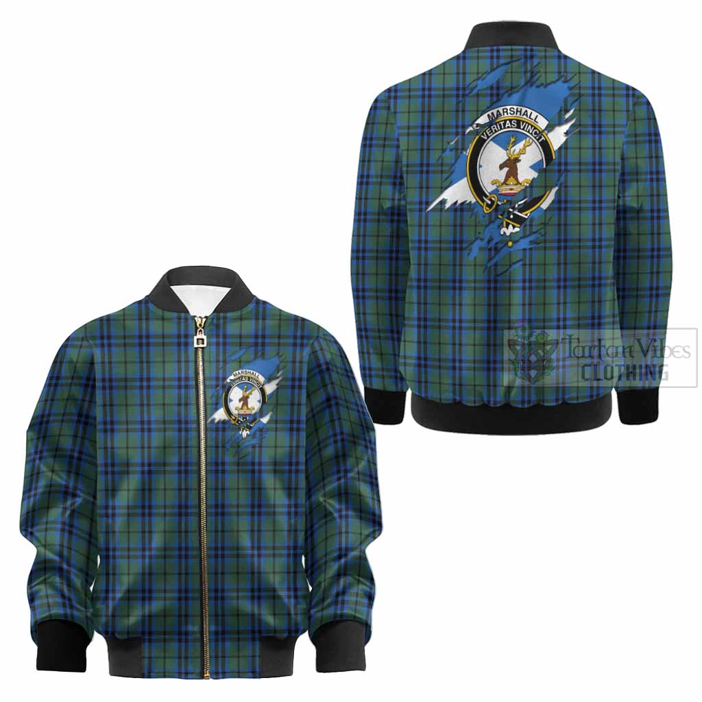 Marshall Clan Crest In Me Tartan Kid Bomber Jacket Scotland Flag Style