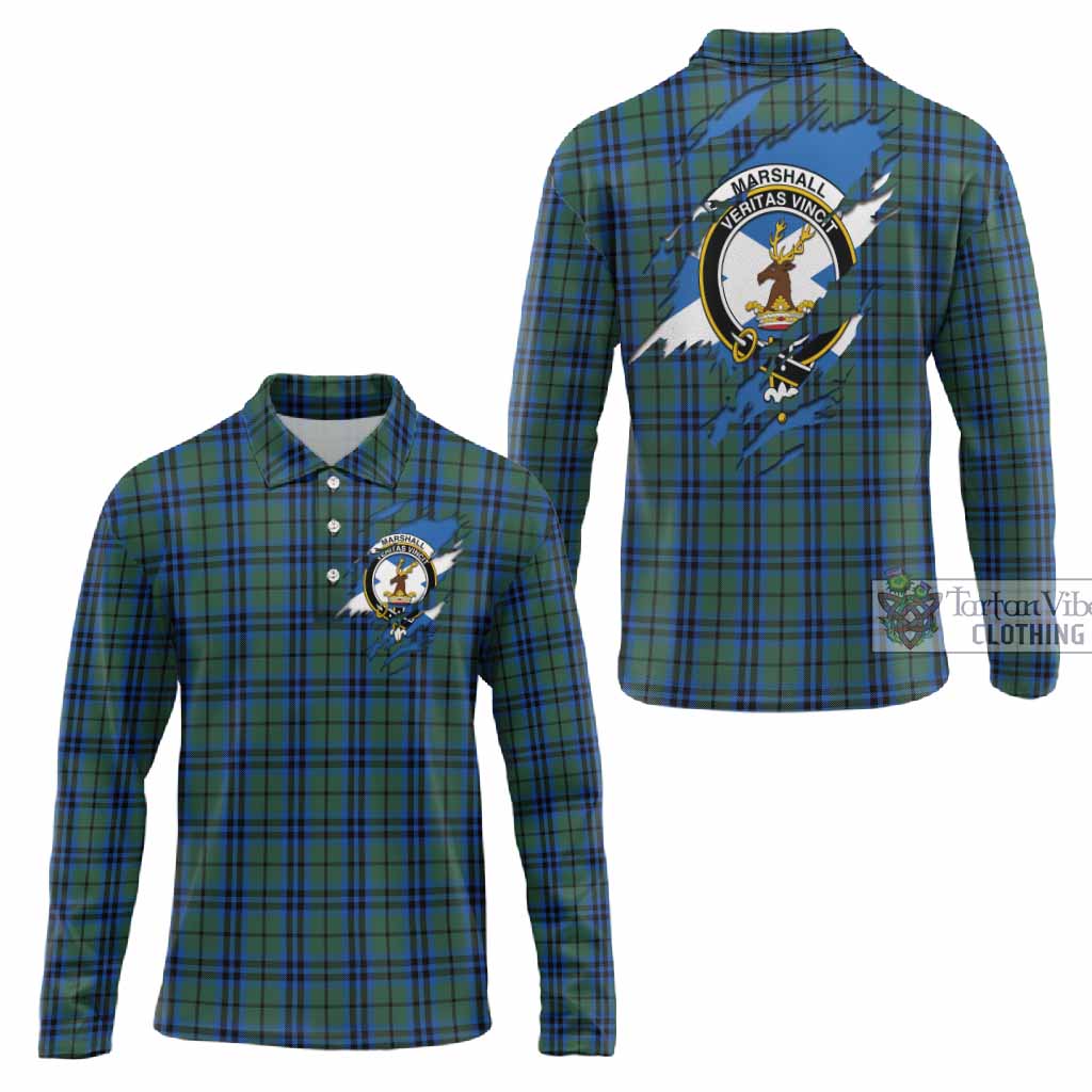 Marshall Clan Crest In Me Tartan Long Sleeve Polo Shirt Scotland Flag Style