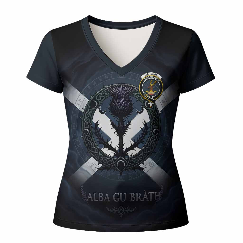 Marshall Clan Crest Women T shirt with Celtic Knot Thistle and Saltire