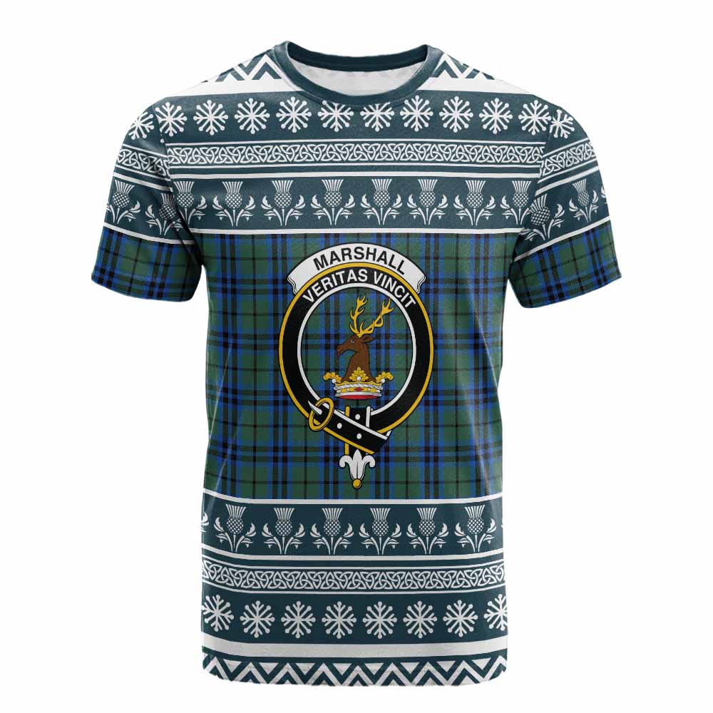 Marshall Clan Tartan Christmas Cotton T-shirt with Family Crest - Tartan Vibes Clothing