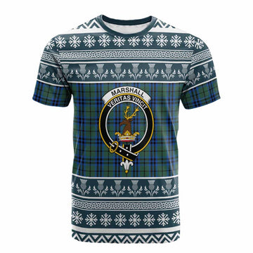 Marshall Clan Tartan Christmas Cotton T-shirt with Family Crest