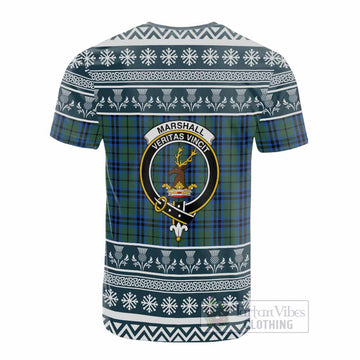 Marshall Clan Tartan Christmas Cotton T-shirt with Family Crest