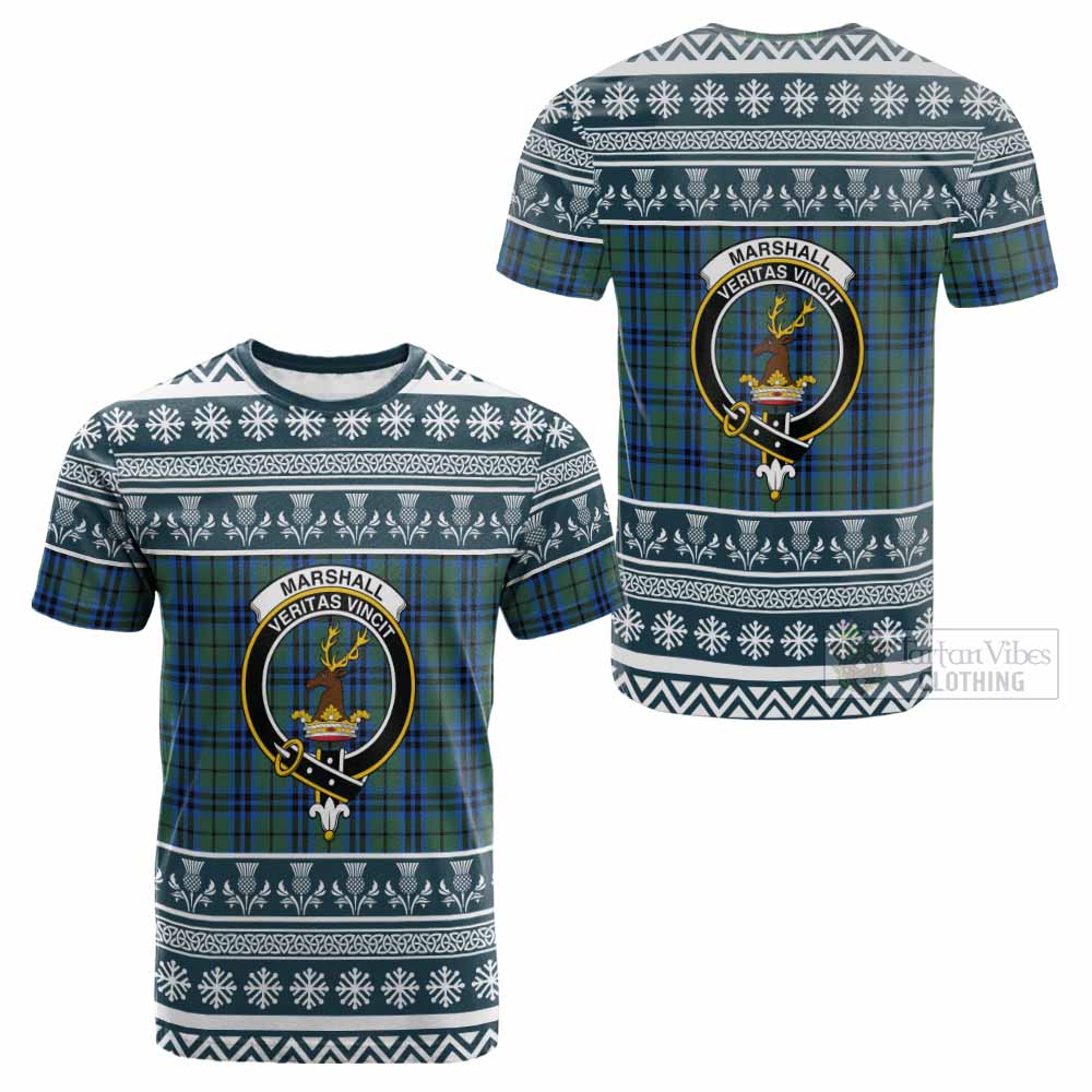 Marshall Clan Tartan Christmas Cotton T-shirt with Family Crest - Tartan Vibes Clothing