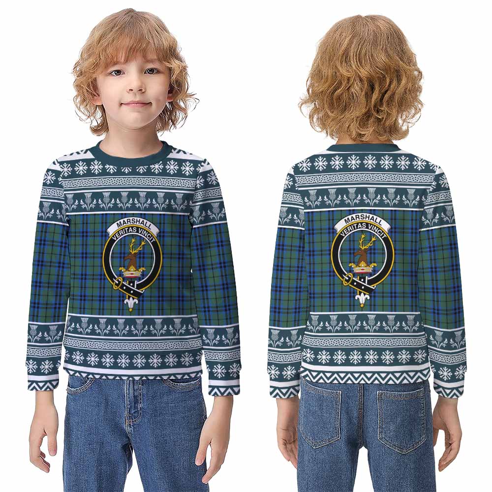 Marshall Clan Tartan Christmas Kid Ugly Sweatshirt with Family Crest - Tartan Vibes Clothing